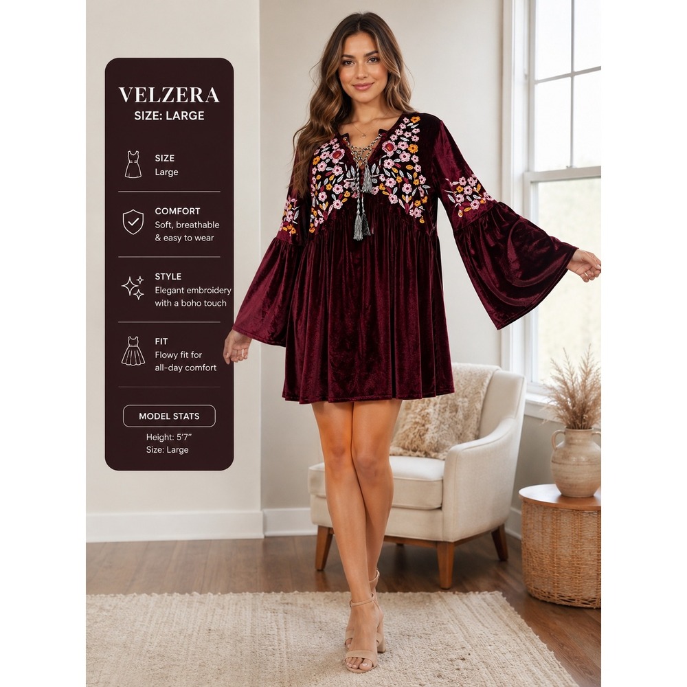 Velzera Womens Velvet Embroidered Boho Mini Dress Burgundy Bell Sleeve Large